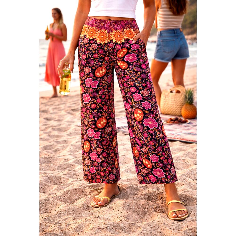 Umgee Boho Retro 70s Capri pants in Pink Yellow Floral S